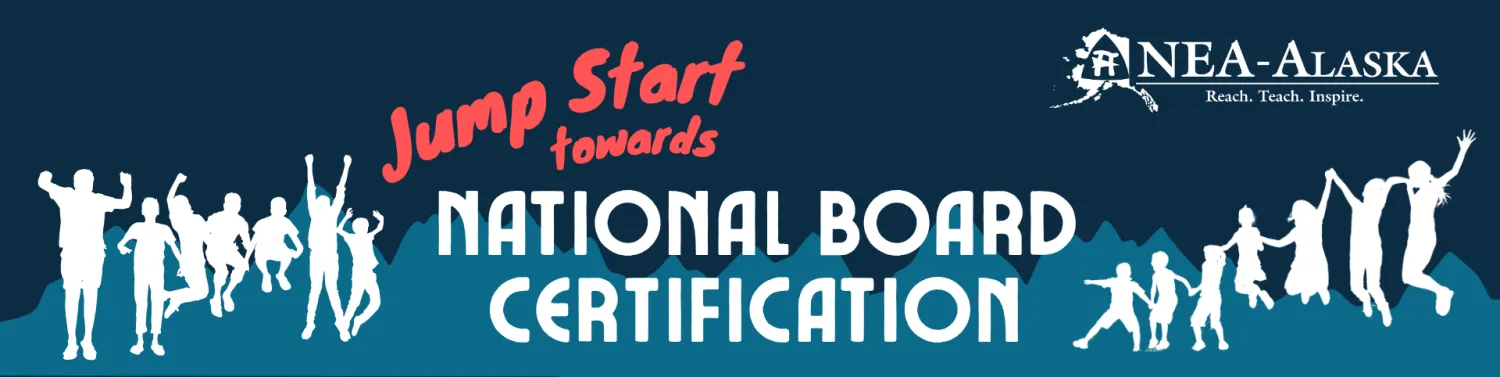 A banner image with two groups of silhouettes of people jumping excitedly in the air with the text "Jump Start Towards National Board Certification" in between the two groups
