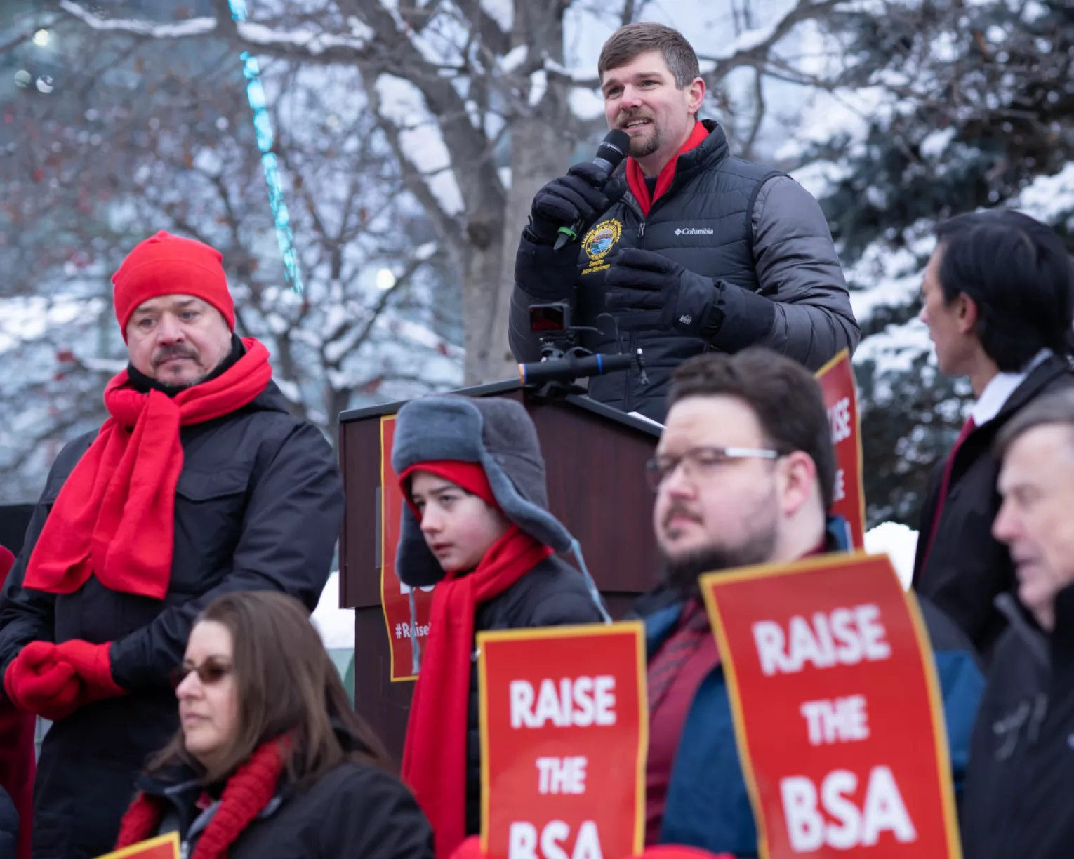 Jesse Bjorkman, educator and legislator, speaks at a rally about raising the BSA funding.