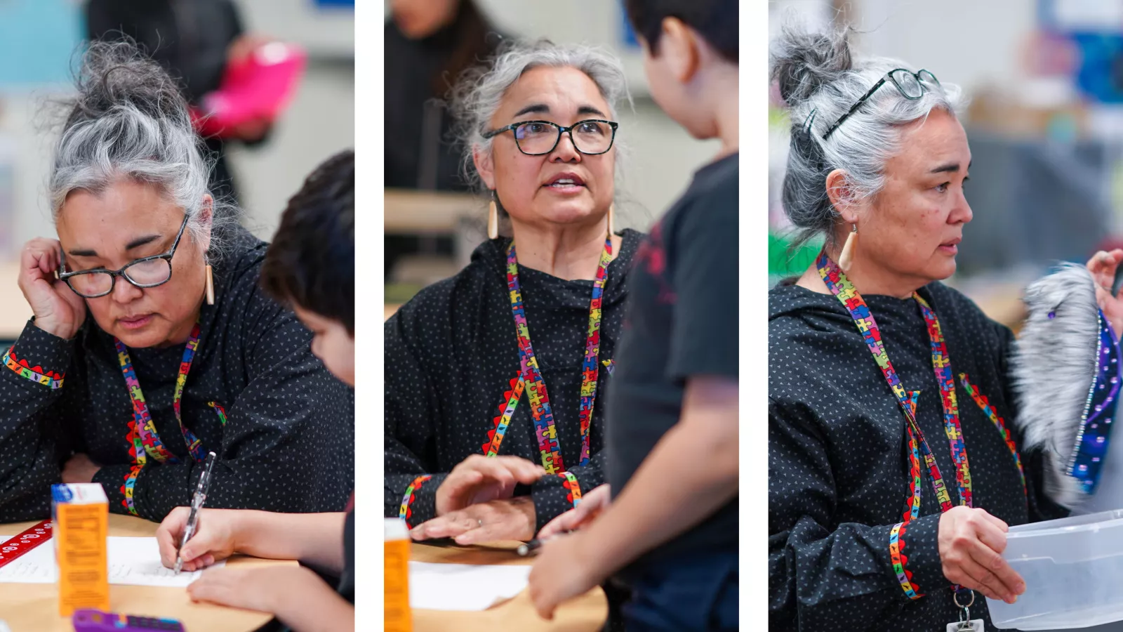 A collage of three photos featuring educator Yvette Cross, working with her students at Knik Charter School.