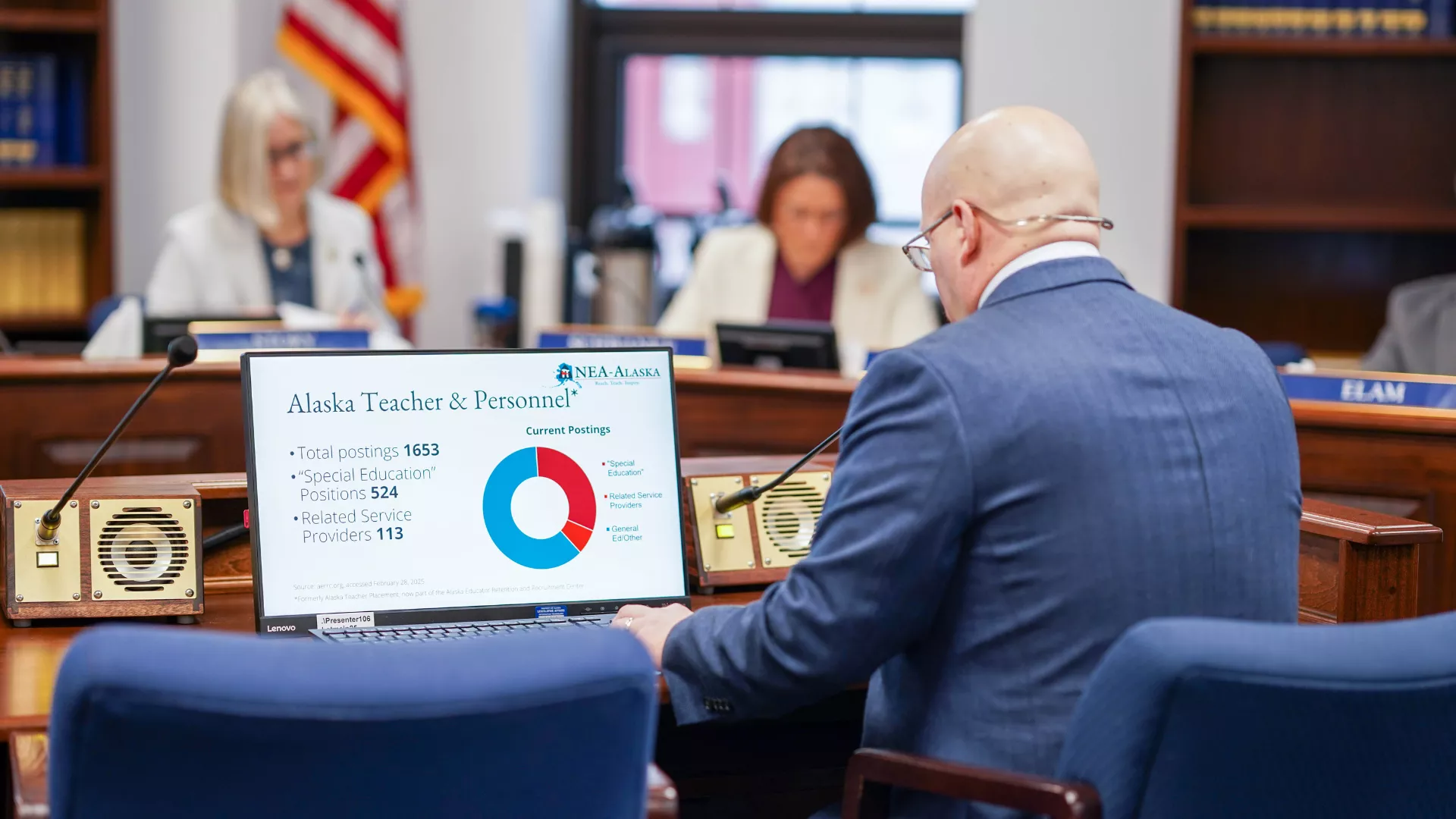 President Tom Klaameyer presents in front of the House Education Committee