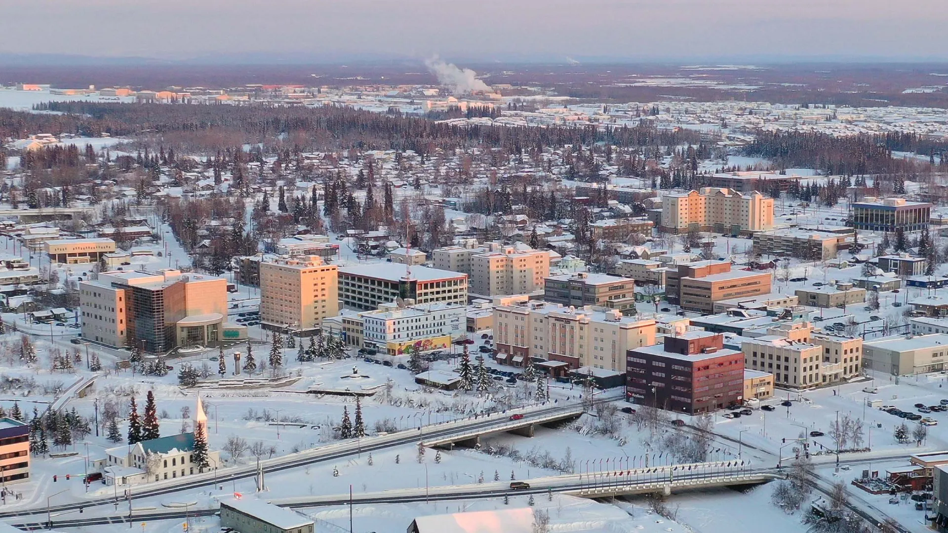 An aerial view of Fairbanks, Alaska in the winter time