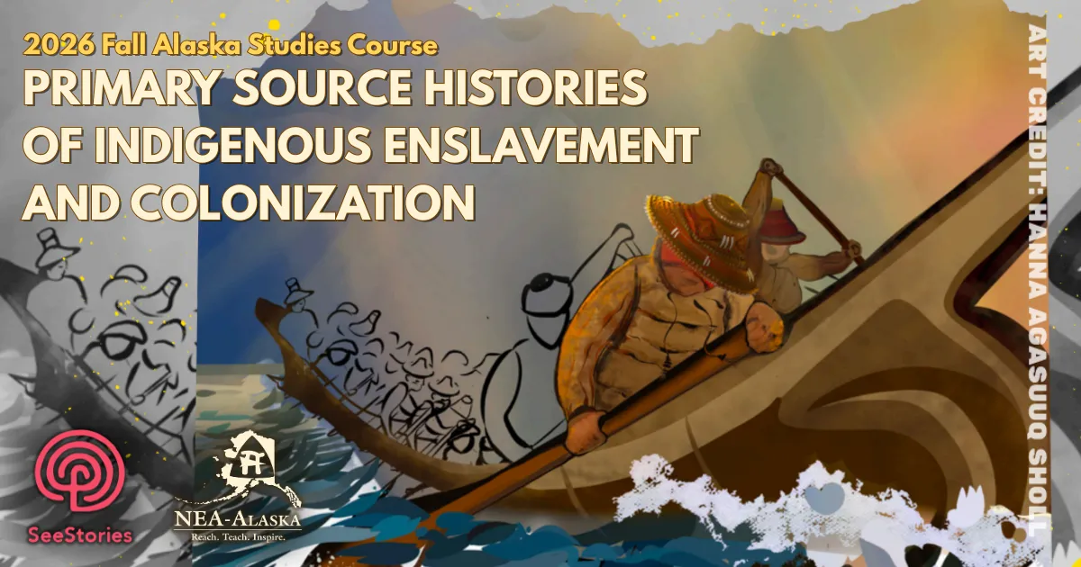 Artwork depicting Alaska Natives traversing the ocean