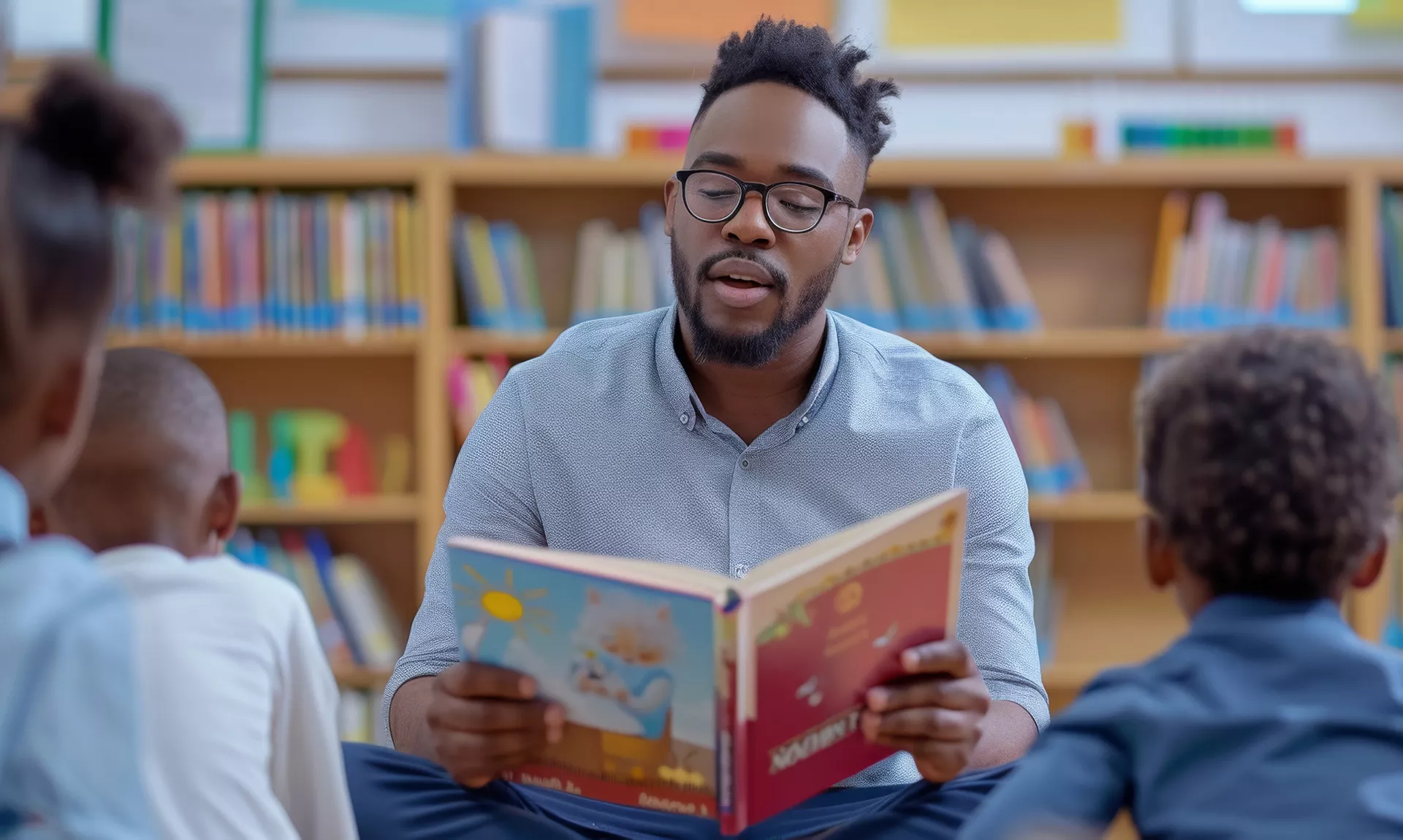 Black male teachers reads aloud to young children in a library