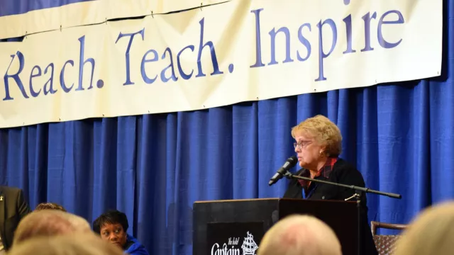 A retired member speaking at the delegate assembly