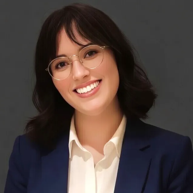 A picture of Toni Bush, a young woman with glasses and shoulder-length dark hair
