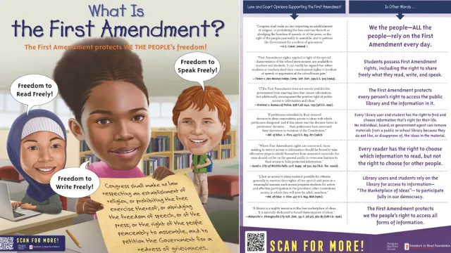 Screenshots of the First Amendment poster with an illustration of kids and the first amendment on the left and text on the right